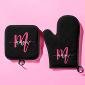 Hot Pink Black Monogram Girl's Kitchen Script Ofenhandschuh & Topflappen-Set