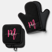 Hot Pink Black Monogram Girl's Kitchen Script Ofenhandschuh & Topflappen-Set (Vorderseite/Rückseite)