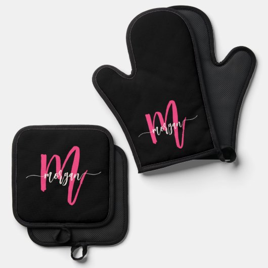 Hot Pink Black Monogram Girl's Kitchen Script Ofenhandschuh & Topflappen-Set (Vorderseite/Rückseite)