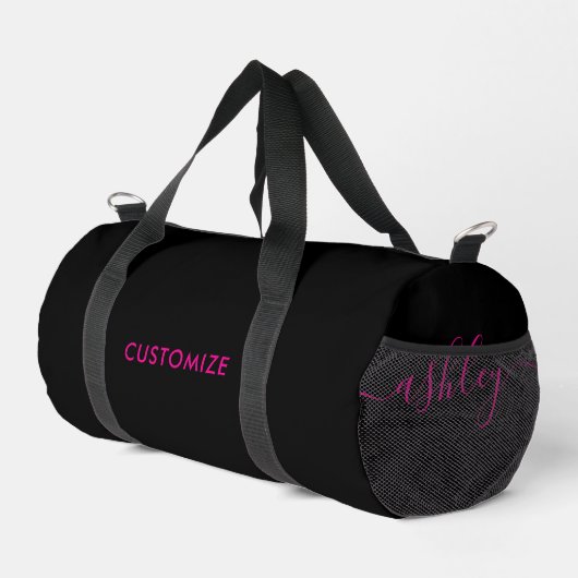 Hot Pink Black Monogram Girl's Script Name Duffle Bag (Rechte Ecke)