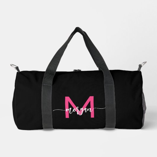 Hot Pink Black Monogram Name Girl's Script Sports Duffle Bag (Vorderseite)