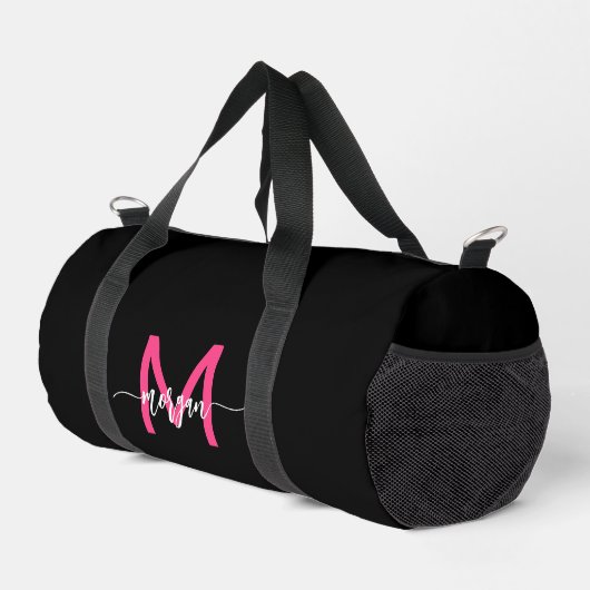 Hot Pink Black Monogram Name Girl's Script Sports Duffle Bag (Rechte Ecke)