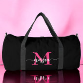 Hot Pink Black Monogram Name Girl's Script Sports Duffle Bag