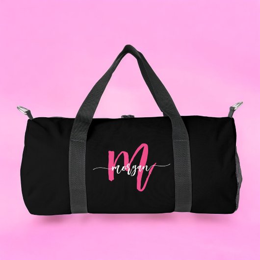 Hot Pink Black Monogram Name Girl's Script Sports Duffle Bag