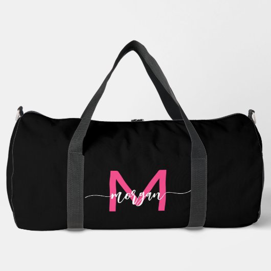 Hot Pink Black Monogram Name Girl's Script Sports Duffle Bag (Vorderseite)