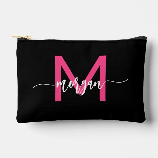 Hot Pink Black Monogram Name Girl's Script Zubehörtasche (Vorderseite)