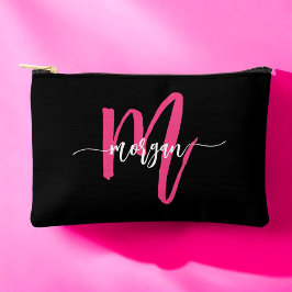 Hot Pink Black Monogram Name Girl's Script Zubehörtasche