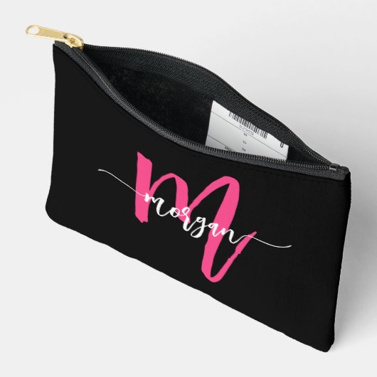 Hot Pink Black Monogram Name Girl's Script Zubehörtasche (Offen)