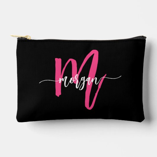 Hot Pink Black Monogram Name Girl's Script Zubehörtasche (Vorderseite)