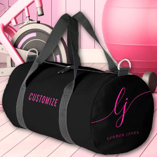 Hot Pink Black Monogram Script Name Girl's Duffle Bag