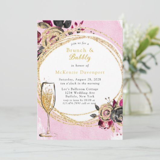 Hot Pink Black Peony Gold Brunch & Bubbly Einladung (Stehend Vorderseite)