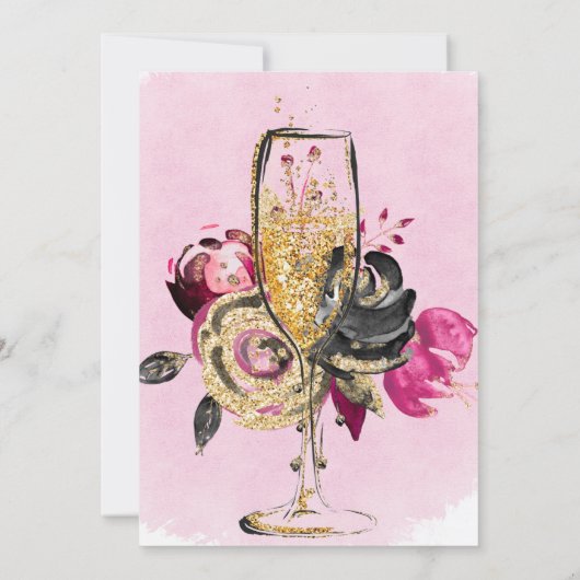 Hot Pink Black Peony Gold Brunch & Bubbly Einladung (Rückseite)