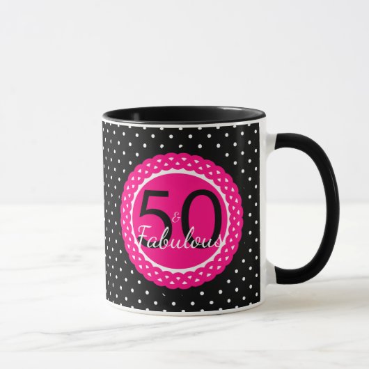 Hot Pink & Black Polka Dots 50 & Fabulous Geburtst Tasse (Rechts)