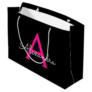 Hot Pink Black Script Girl Monogram Name Große Geschenktüte