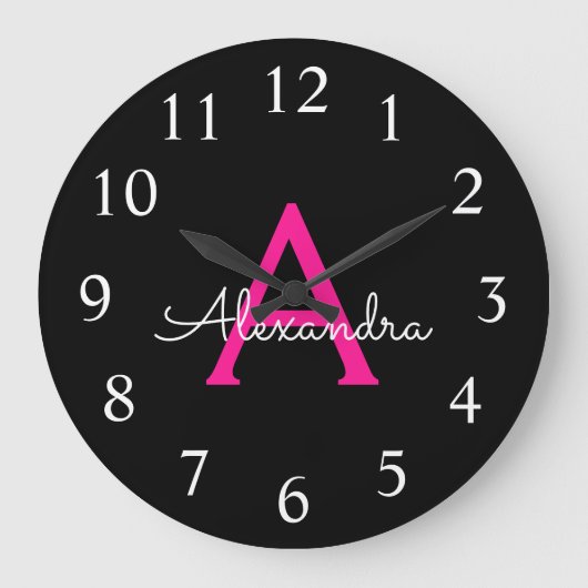 Hot Pink Black Script Girl Monogram Name Große Wanduhr (Vorderseite)