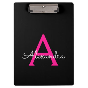 Hot Pink Black Script Girl Monogram Name Klemmbrett