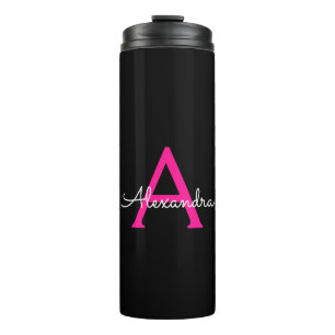 Hot Pink Black Script Girl Monogram Name Thermosbecher