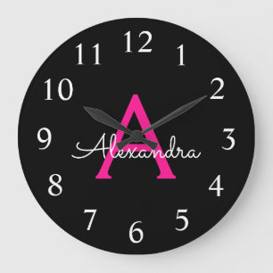 Hot Pink Black Script Girly Monogram Name Große Wanduhr