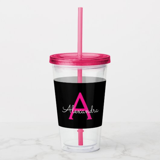 Hot Pink Black Script Name der Girl Monogram Acryltrinkbecher (Vorderseite)