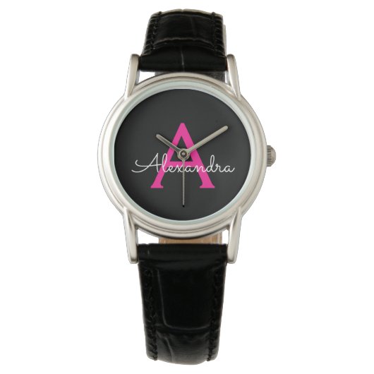 Hot Pink Black Script Name der Girl Monogram Armbanduhr (Vorderseite)