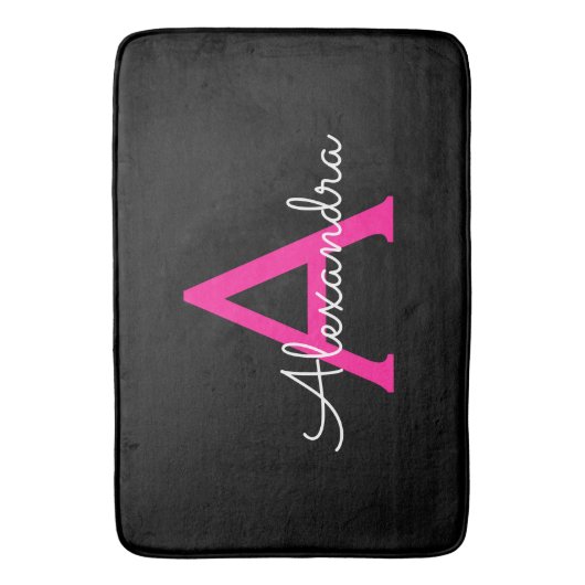 Hot Pink Black Script Name der Girl Monogram Badematte (Vorderseite Vertikal)