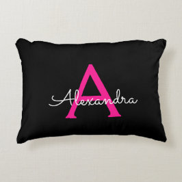 Hot Pink Black Script Name der Girl Monogram Dekokissen
