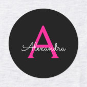 Hot Pink Black Script Name der Girl Monogram Etiketten (Design 1)