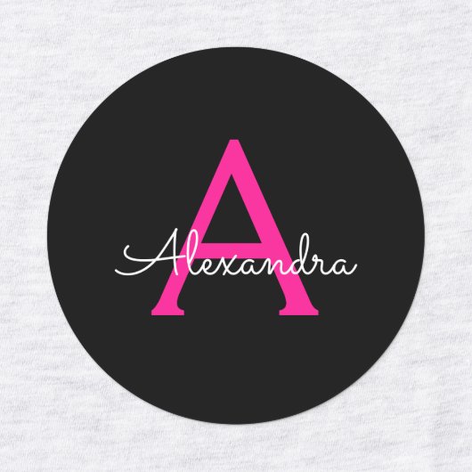 Hot Pink Black Script Name der Girl Monogram Etiketten (Design 1)