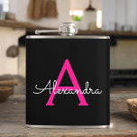 Hot Pink Black Script Name der Girl Monogram Flachmann<br><div class="desc">Hot Pink und Black Monogram Fügen Sie Ihren eigenen Namen Party Flask hinzu. Das macht den perfekten 16 Geburtstag,  Hochzeit,  Brautparty,  Jubiläum,  Babydusche oder Junggeselinnen-Abschied Geschenk für jemanden,  der Lieben glamourösen Luxus und schicke Stile.</div>