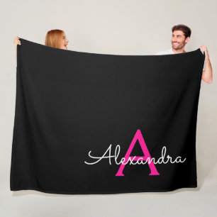 Hot Pink Black Script Name der Girl Monogram Fleecedecke
