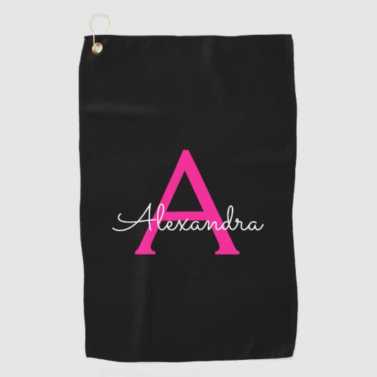 Hot Pink Black Script Name der Girl Monogram Golfhandtuch (Vorderseite)