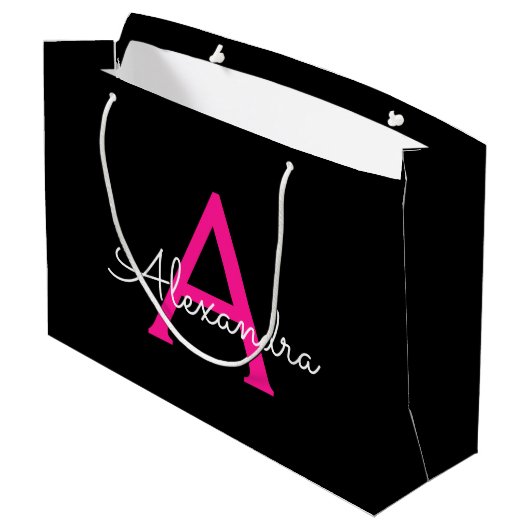 Hot Pink Black Script Name der Girl Monogram Große Geschenktüte (Rückseite Schrägansicht)