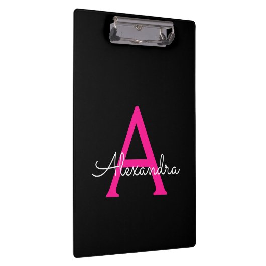 Hot Pink Black Script Name der Girl Monogram Klemmbrett (Rechts)