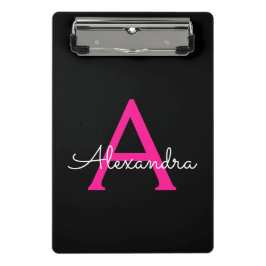 Hot Pink Black Script Name der Girl Monogram Mini Klemmbrett