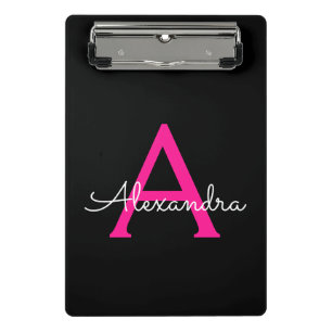 Hot Pink Black Script Name der Girl Monogram Mini Klemmbrett