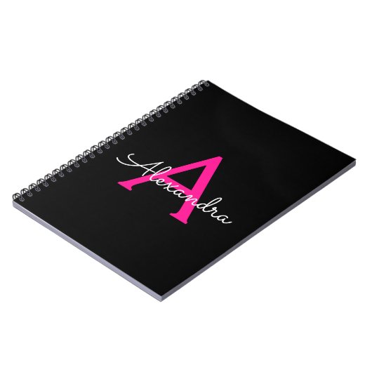 Hot Pink Black Script Name der Girl Monogram Notizblock (Linke Seite)