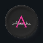 Hot Pink Black Script Name der Girl Monogram Pappteller<br><div class="desc">Hot Pink und Black Monogram Fügen Sie Ihre eigenen Name Script Party-Teller hinzu. Das macht den perfekten 16 Geburtstag,  Hochzeit,  Brautparty,  Jubiläum,  Babydusche oder Junggeselinnen-Abschied Geschenk für jemanden,  der Lieben glamourösen Luxus und schicke Stile.</div>