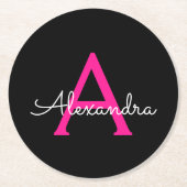 Hot Pink Black Script Name der Girl Monogram Runder Pappuntersetzer (Vorderseite)