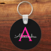 Hot Pink Black Script Name der Girl Monogram Schlüsselanhänger (Vorderseite)