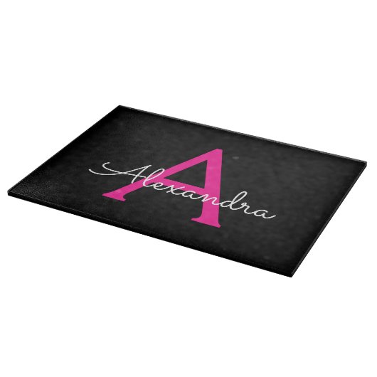 Hot Pink Black Script Name der Girl Monogram Schneidebrett (Ecke)
