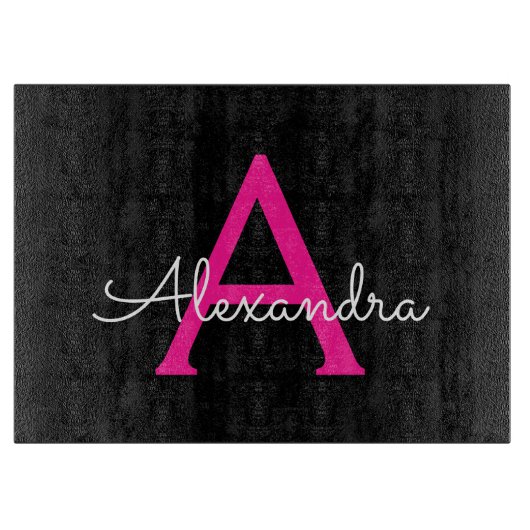 Hot Pink Black Script Name der Girl Monogram Schneidebrett (Vorderseite)