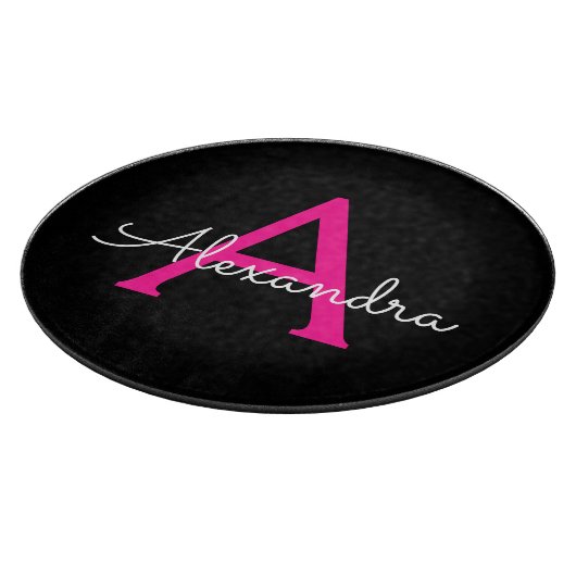Hot Pink Black Script Name der Girl Monogram Schneidebrett (Ecke)