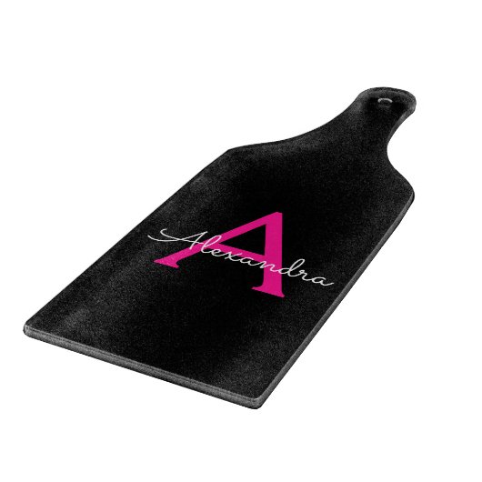 Hot Pink Black Script Name der Girl Monogram Schneidebrett (Ecke)