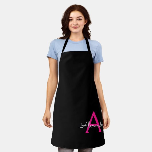 Hot Pink Black Script Name der Girl Monogram Schürze (Getragen)