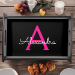Hot Pink Black Script Name der Girl Monogram Serviertablett<br><div class="desc">Schwarz und Heiß rosa Einfache Script Name Place Serviertablett. Dies macht den perfekten Abschluss,  Geburtstag,  Hochzeit,  Brautparty,  Jubiläum,  Babydusche oder Junggeselinnen-Abschied Geschenk für jemanden,  die Lieben glamourösen Luxus und schicke Stile.</div>