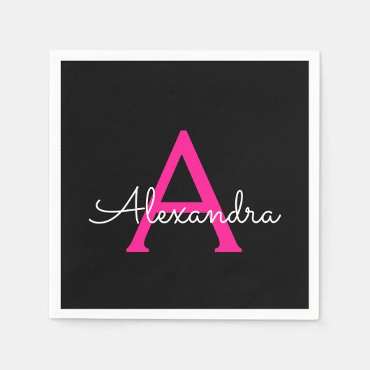 Hot Pink Black Script Name der Girl Monogram Serviette (Vorderseite)