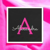 Hot Pink Black Script Name der Girl Monogram Serviette