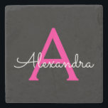 Hot Pink Black Script Name der Girl Monogram Steinuntersetzer<br><div class="desc">Schwarz und Heiß rosa einfache Skriptmonogramm Name Stone Tile. Das macht den perfekten Abschluss,  süßen 16 Geburtstag,  Hochzeit,  Brautparty,  Jubiläum,  Babydusche oder Junggeselinnen-Abschied Geschenk für jemanden,  die Lieben glamourösen Luxus und schicke Stile.</div>