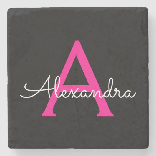 Hot Pink Black Script Name der Girl Monogram Steinuntersetzer (Vorderseite)