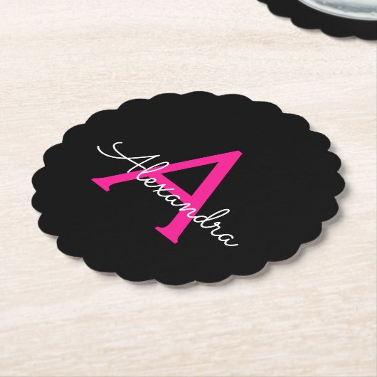Hot Pink Black Script Name der Girl Monogram Untersetzer (angewinkelt)